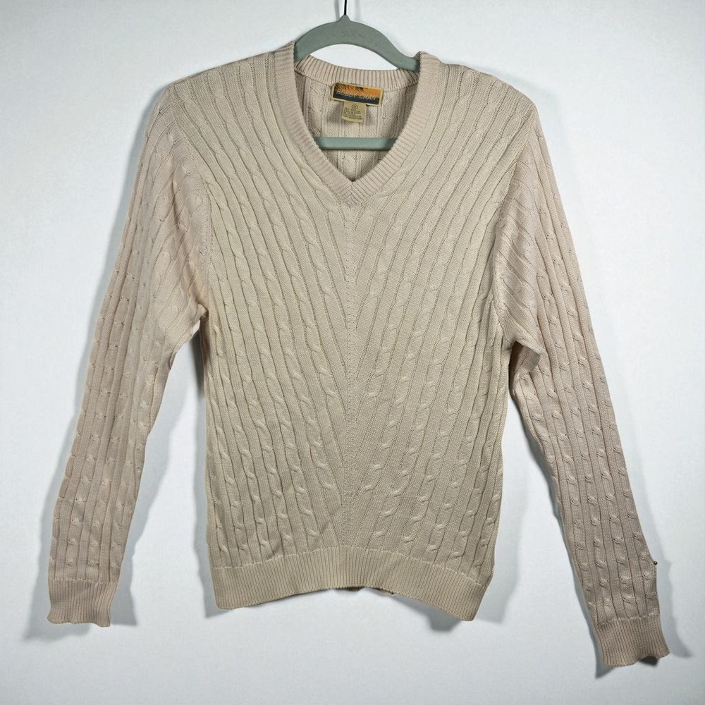 Bobby‎ Chan Men's V Neck Cable Knit Sweater Silk Cotton Blend Ivory Small Preppy